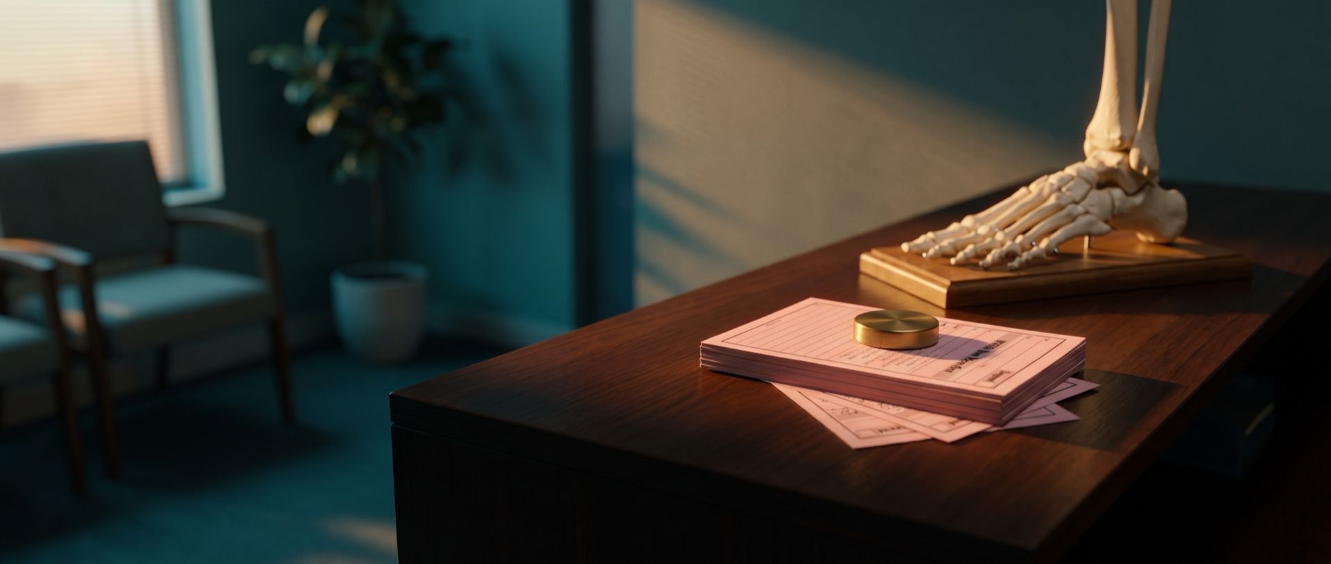 A stack of pink phone-message callback slips under a brass paperweight on a podiatry front desk, beside a foot skeleton model, in early morning light