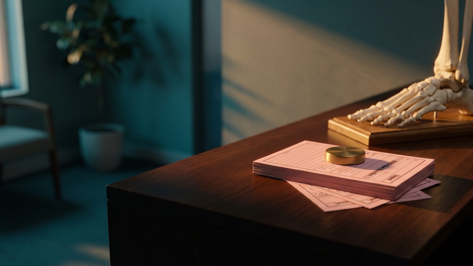 A stack of pink phone-message callback slips under a brass paperweight on a podiatry front desk, beside a foot skeleton model, in early morning light