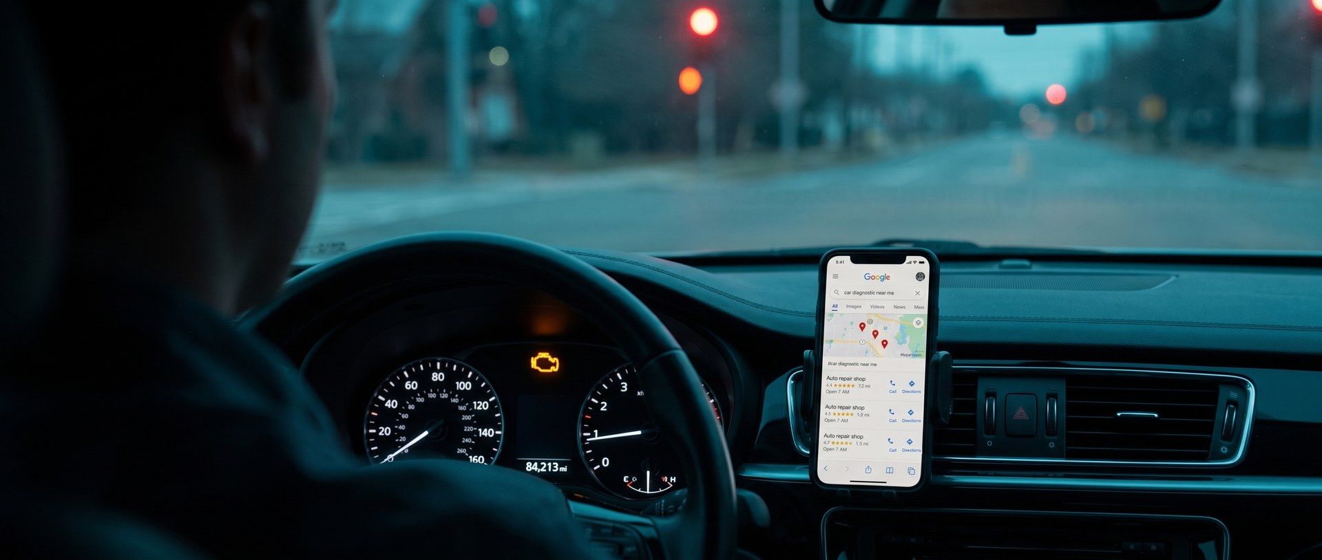 A driver stopped at a red light at dawn, seen over the shoulder, with the amber check engine lamp lit in the instrument cluster and a phone in a vent mount showing a Google search for car diagnostic near me with three nearby auto repair shops