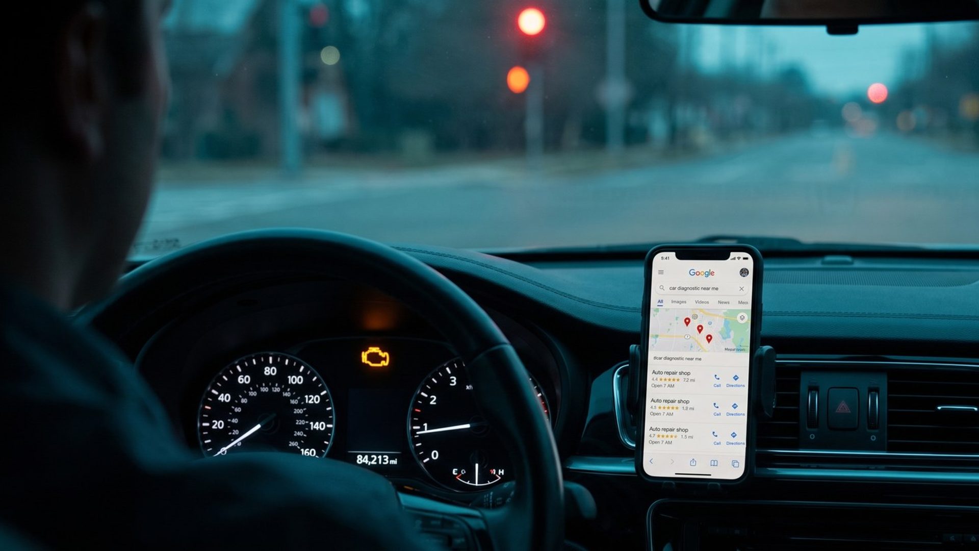 A driver stopped at a red light at dawn, seen over the shoulder, with the amber check engine lamp lit in the instrument cluster and a phone in a vent mount showing a Google search for car diagnostic near me with three nearby auto repair shops