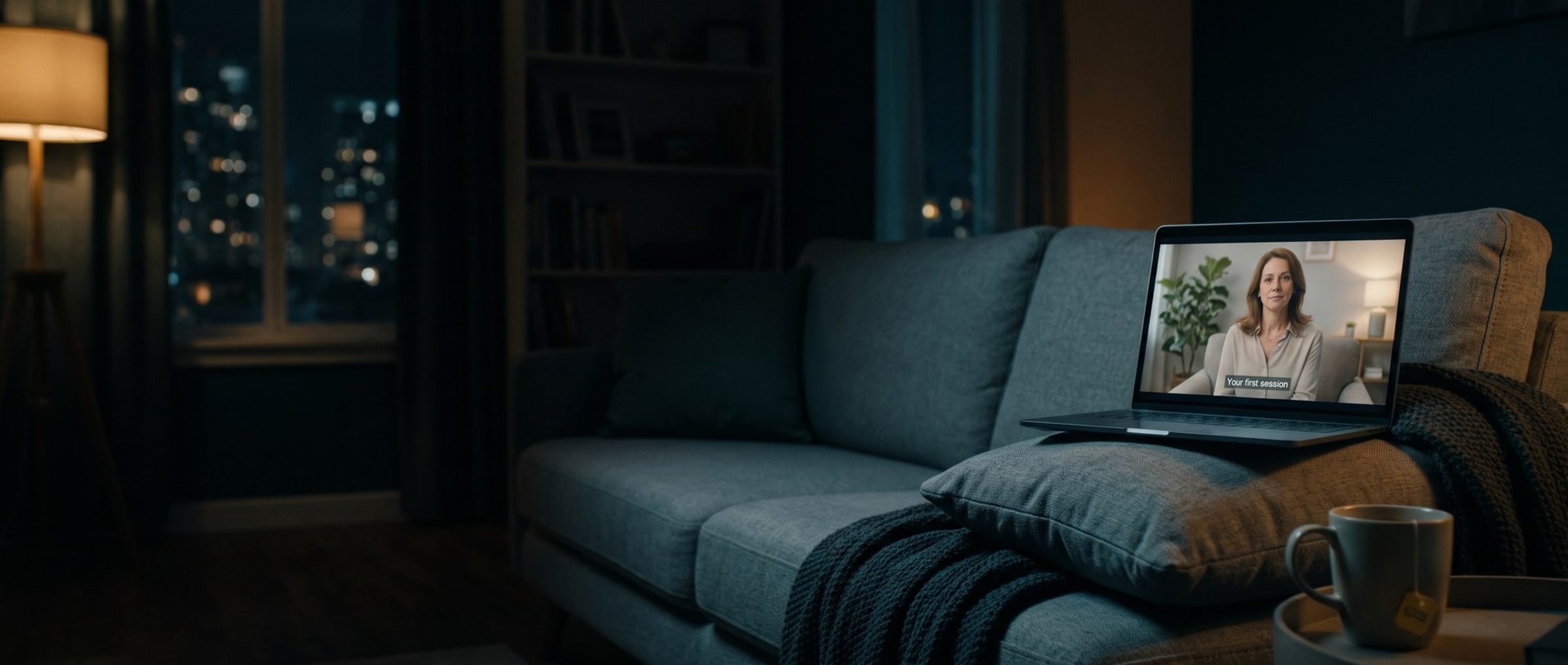 Late at night in a dim living room, an open laptop on a gray couch is paused on a video of a calm clinician captioned Your first session, beside a knit blanket and a mug of tea