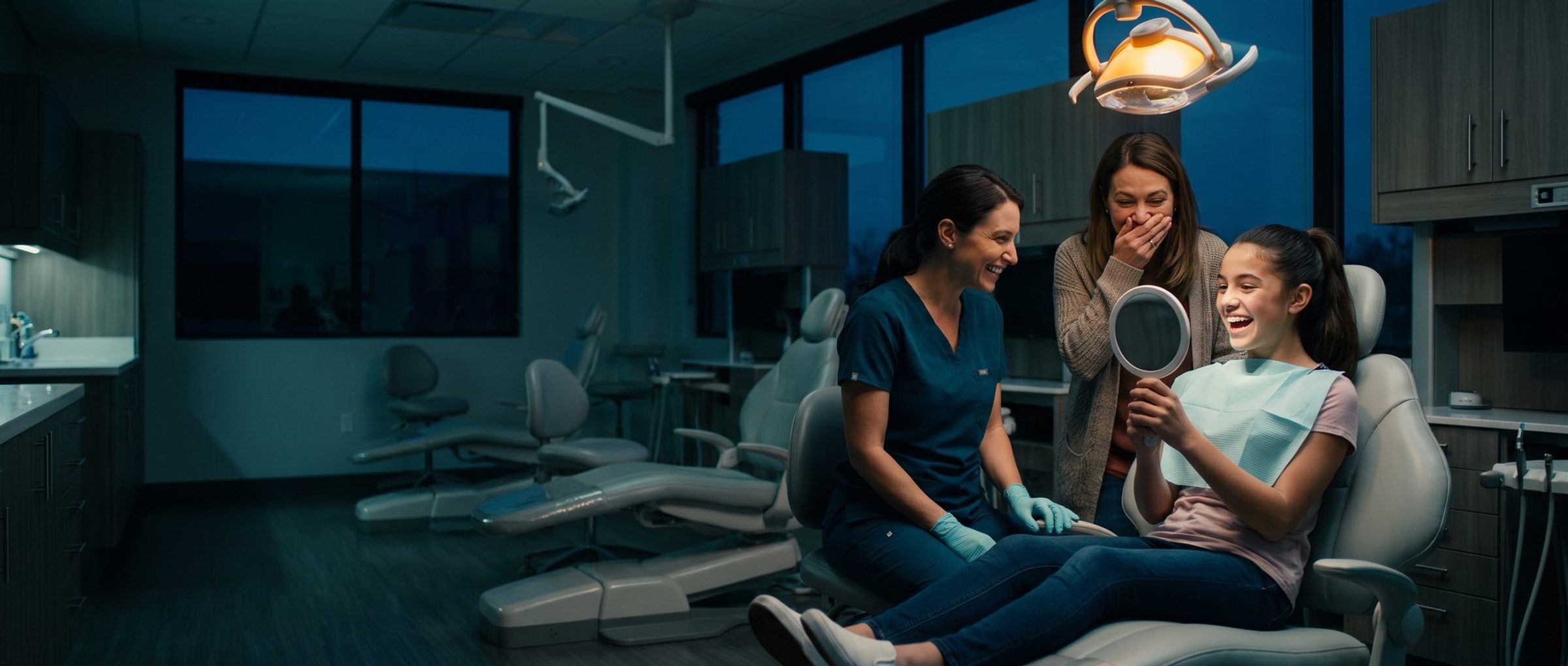 A teenage girl in an orthodontic chair laughing at her newly straightened teeth in a hand mirror on the day her braces come off, an assistant in teal scrubs grinning beside her and her mother behind with a hand over her mouth