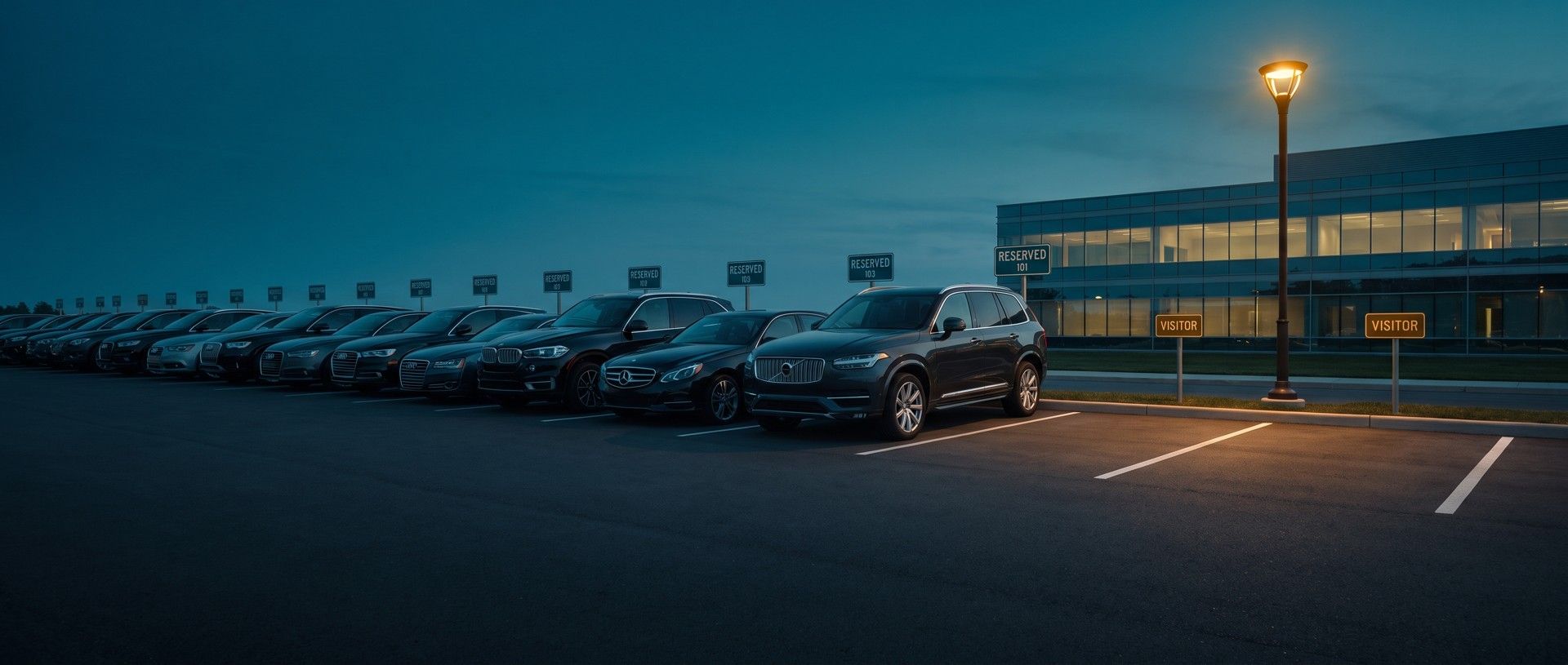 A long row of cars parked at dusk outside an office building, each behind a small reserved sign, ending in two empty visitor spaces lit by a lamp post