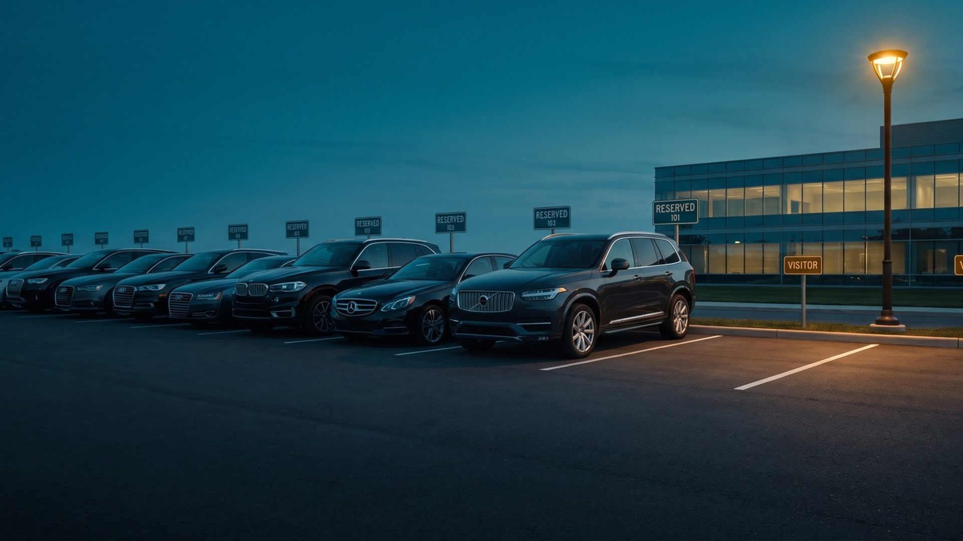 A long row of cars parked at dusk outside an office building, each behind a small reserved sign, ending in two empty visitor spaces lit by a lamp post