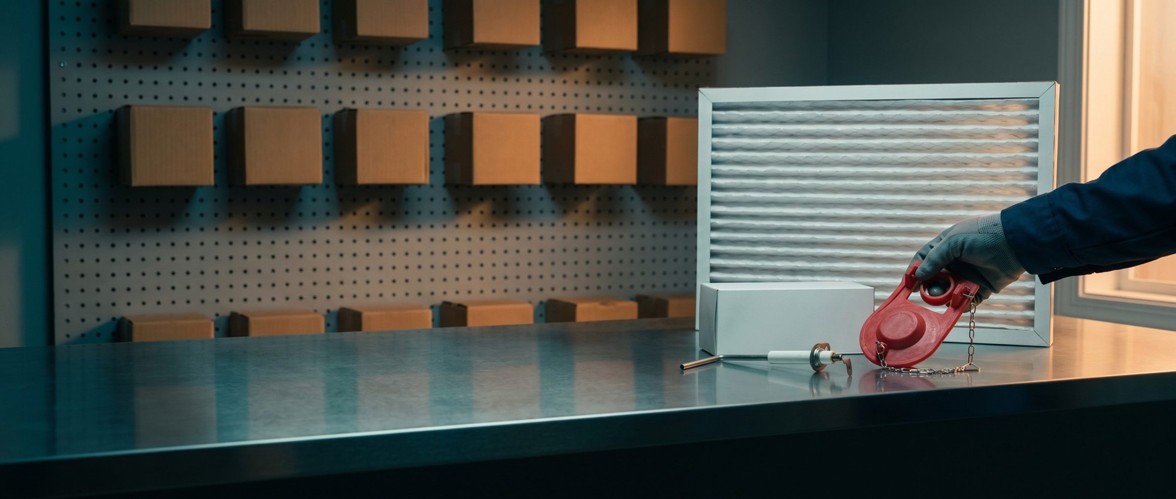 A gloved hand lifts a red toilet flapper out of a group of furnace parts, a pleated filter, a flame sensor and a small box, on a stainless steel supply-house counter
