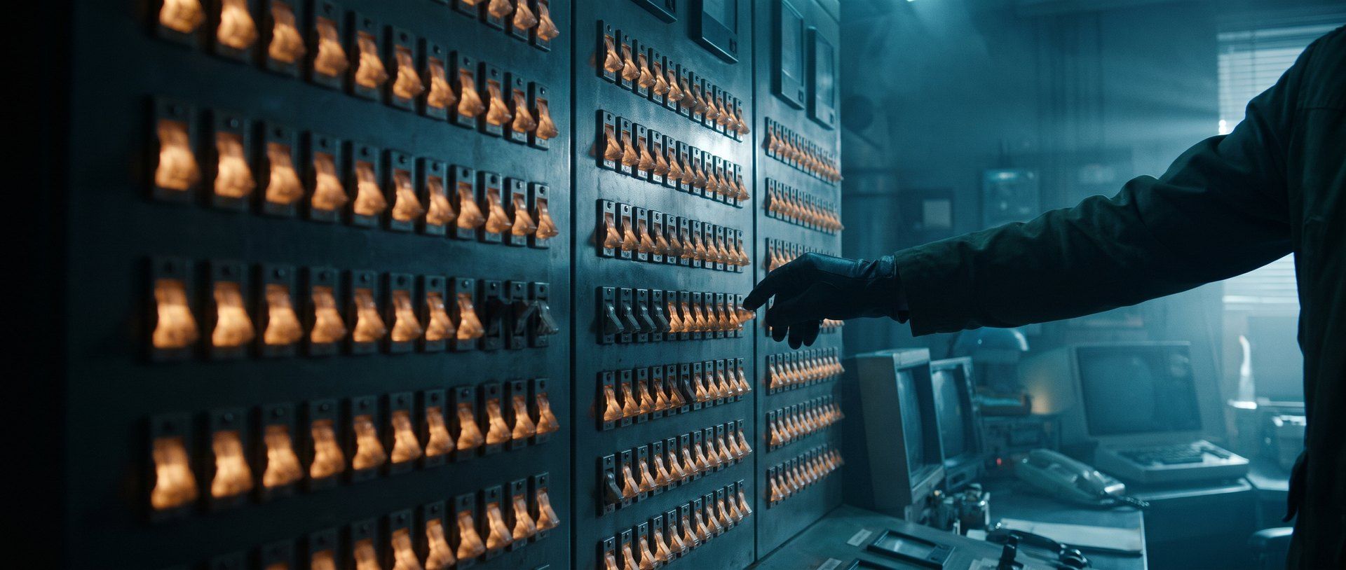 A wall of illuminated control-room switches with one row already dark, and a hand pushing down a switch that is still lit
