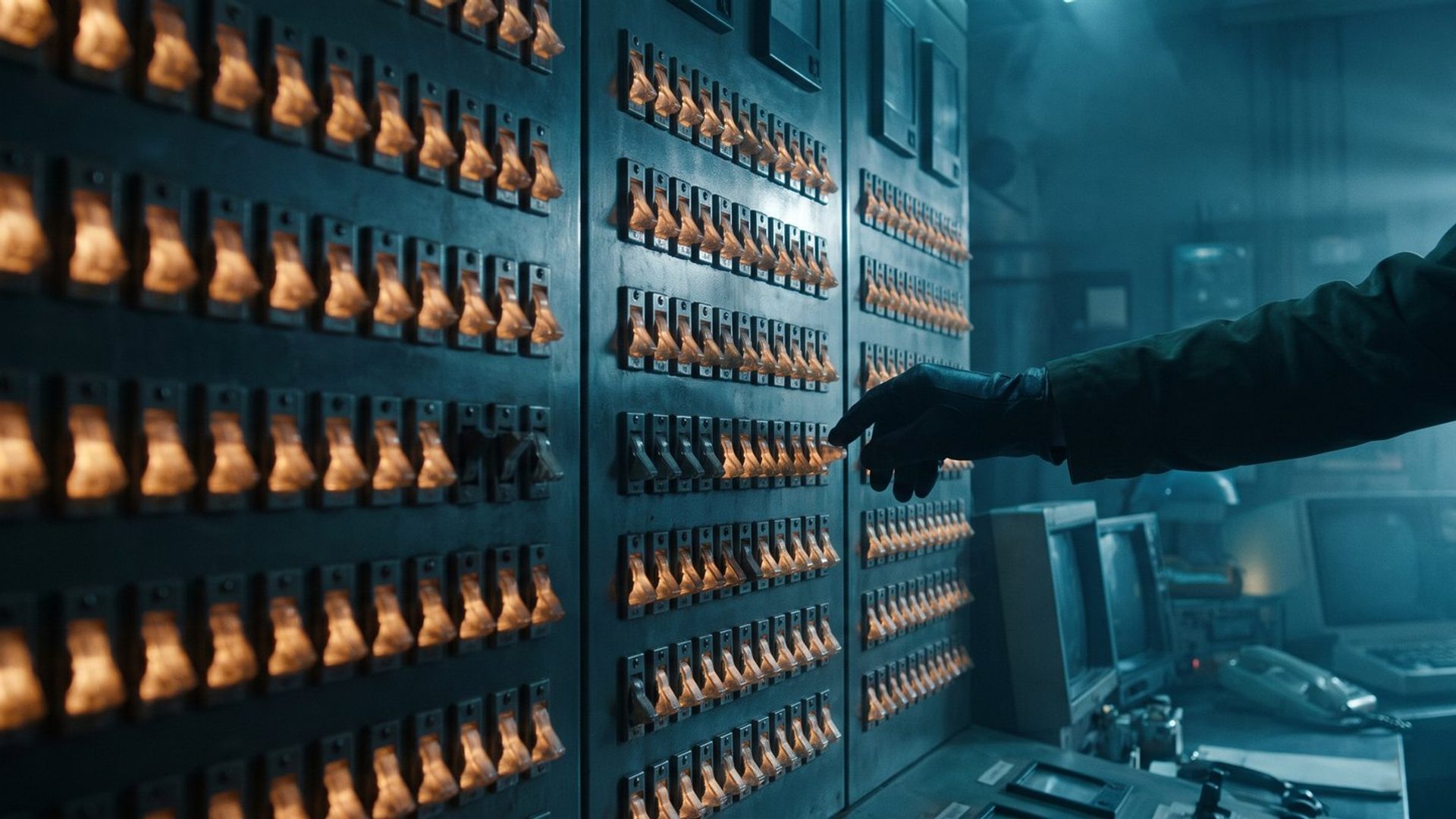 A wall of illuminated control-room switches with one row already dark, and a hand pushing down a switch that is still lit