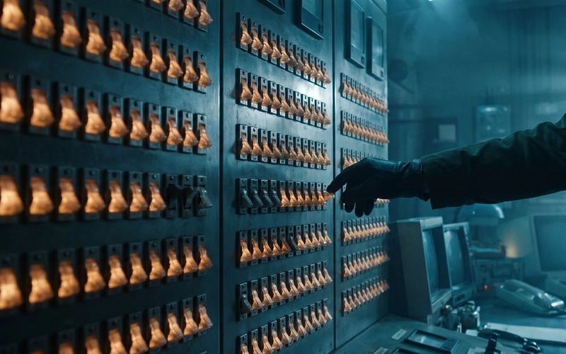 A wall of illuminated control-room switches with one row already dark, and a hand pushing down a switch that is still lit