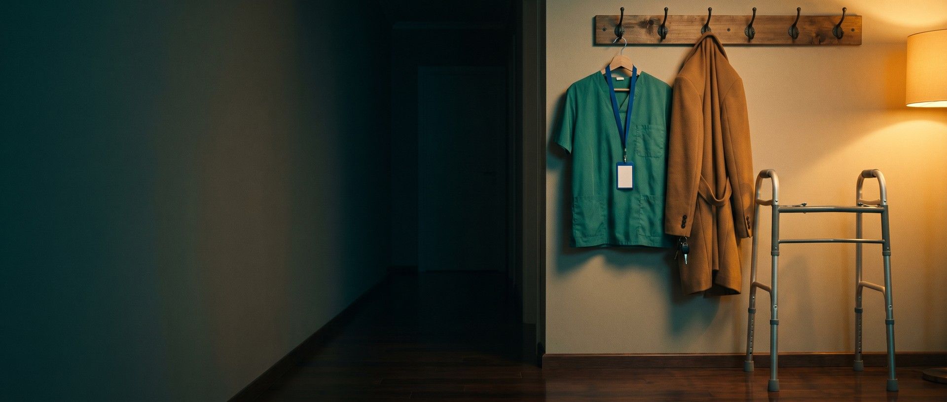 A teal scrub top with a lanyard and ID badge hanging beside a camel wool coat with car keys on a hallway coat rail, a walker parked beneath them in lamplight