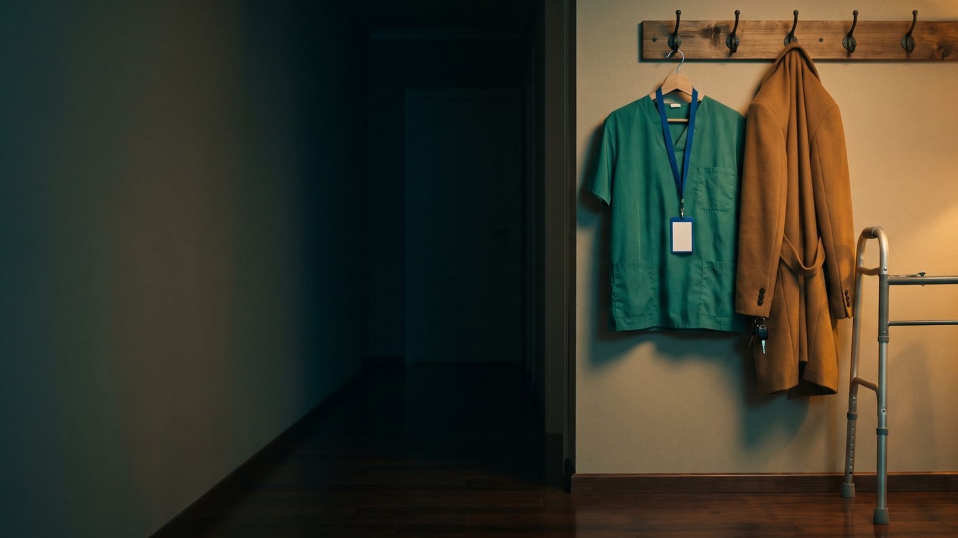 A teal scrub top with a lanyard and ID badge hanging beside a camel wool coat with car keys on a hallway coat rail, a walker parked beneath them in lamplight