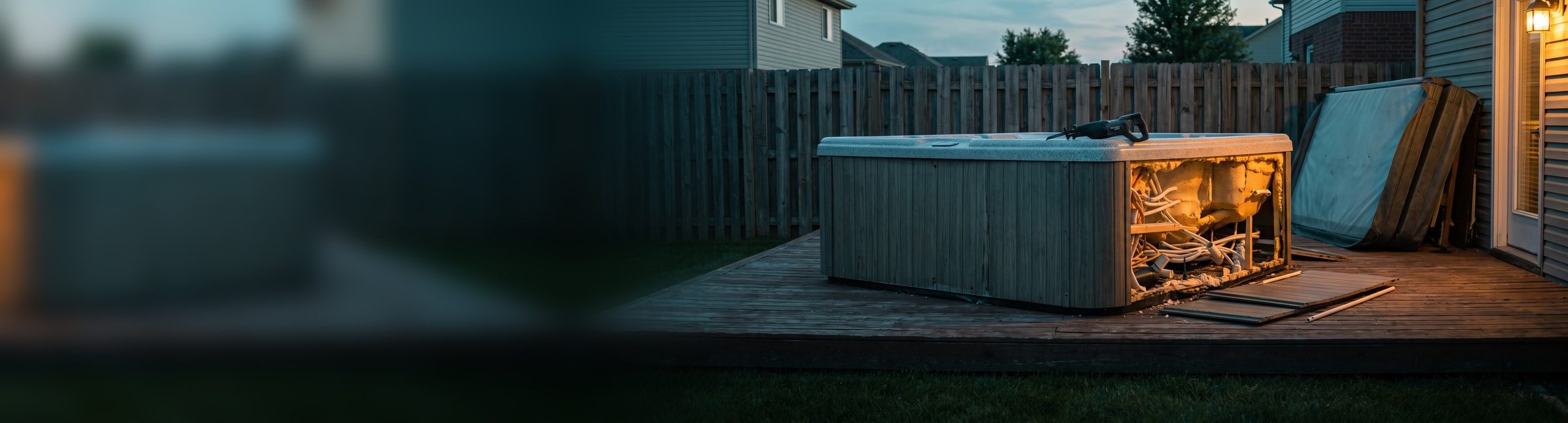 An old hot tub on a backyard deck at dusk with one corner sawn open to show its foam and plumbing, a reciprocating saw on the rim and the cover leaning against the house