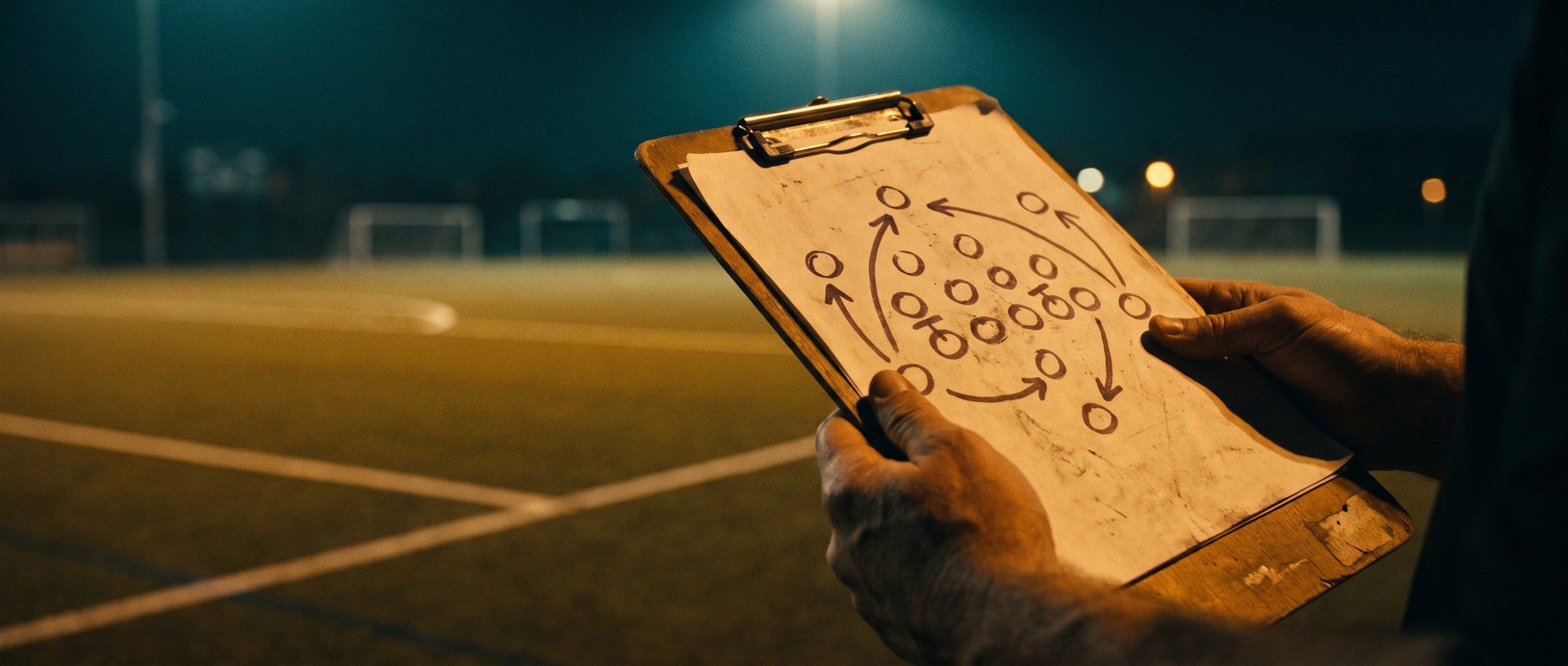 A coach holds a clipboard diagrammed with a play, at the edge of a floodlit field marked out for a different game