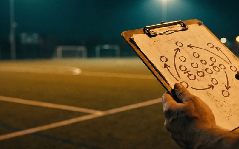 A coach holds a clipboard diagrammed with a play, at the edge of a floodlit field marked out for a different game