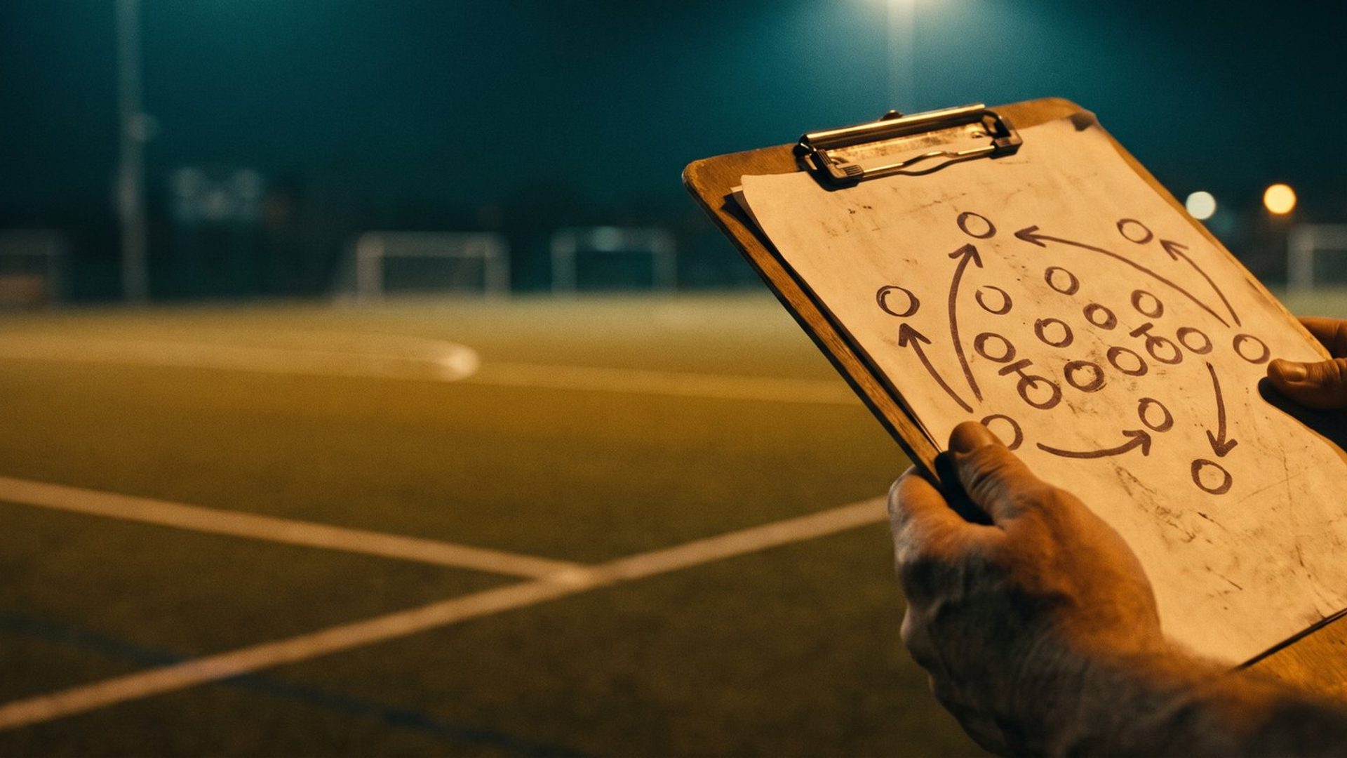 A coach holds a clipboard diagrammed with a play, at the edge of a floodlit field marked out for a different game