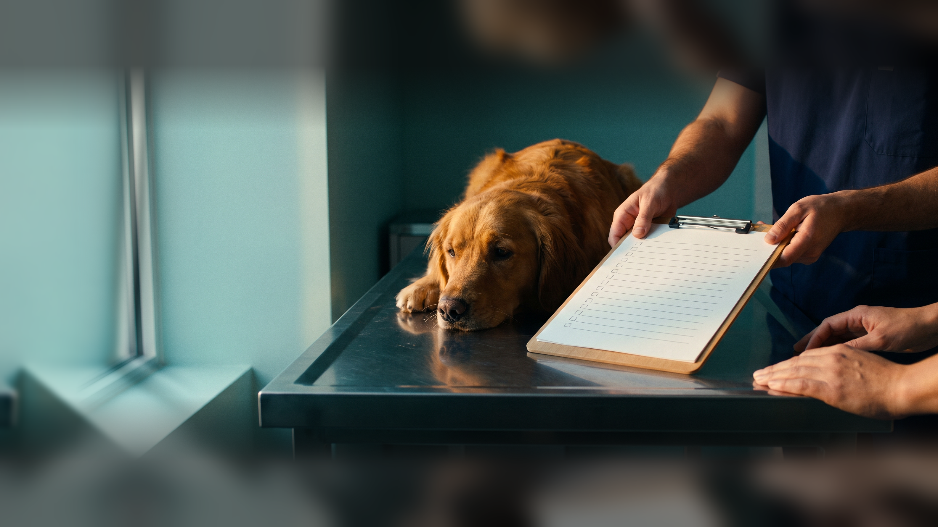 A veterinarian's hands sliding a clipboard with a blank estimate sheet across an exam table toward an owner, a golden retriever resting beside it
