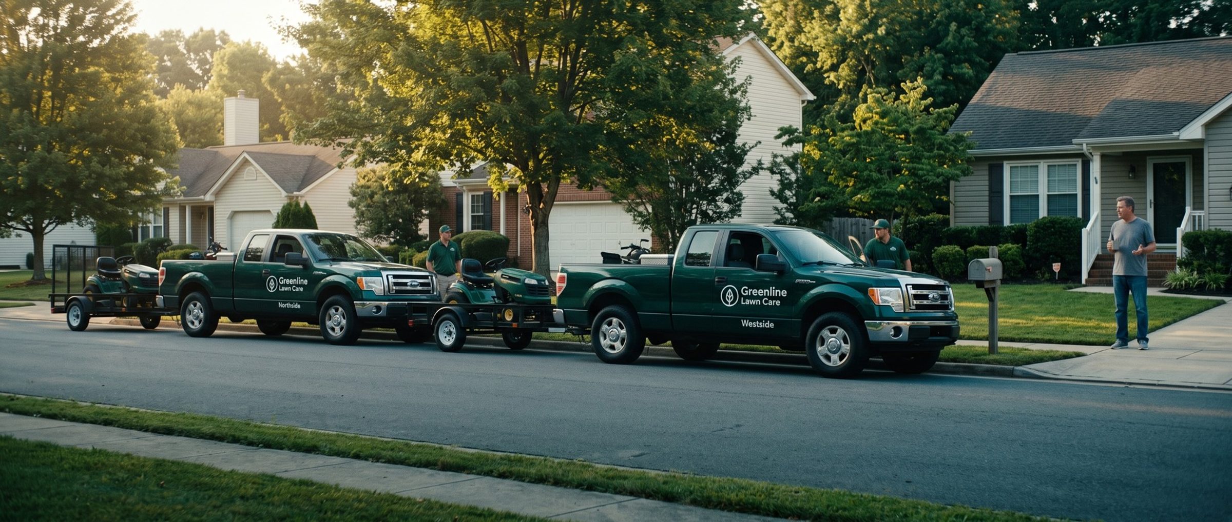Two identical green lawn care pickup trucks towing mower trailers, their doors lettered Northside and Westside, parked at the curb of the same suburban house while the homeowner watches from his walk