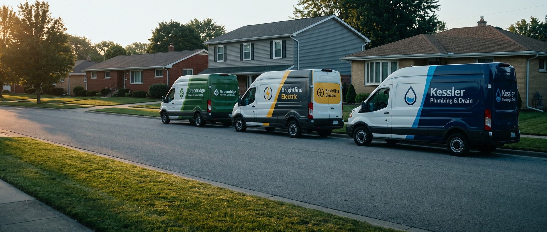 Three branded service vans, a plumber's, an electrician's and a landscaper's, parked along the curb in front of three neighboring houses on a suburban street