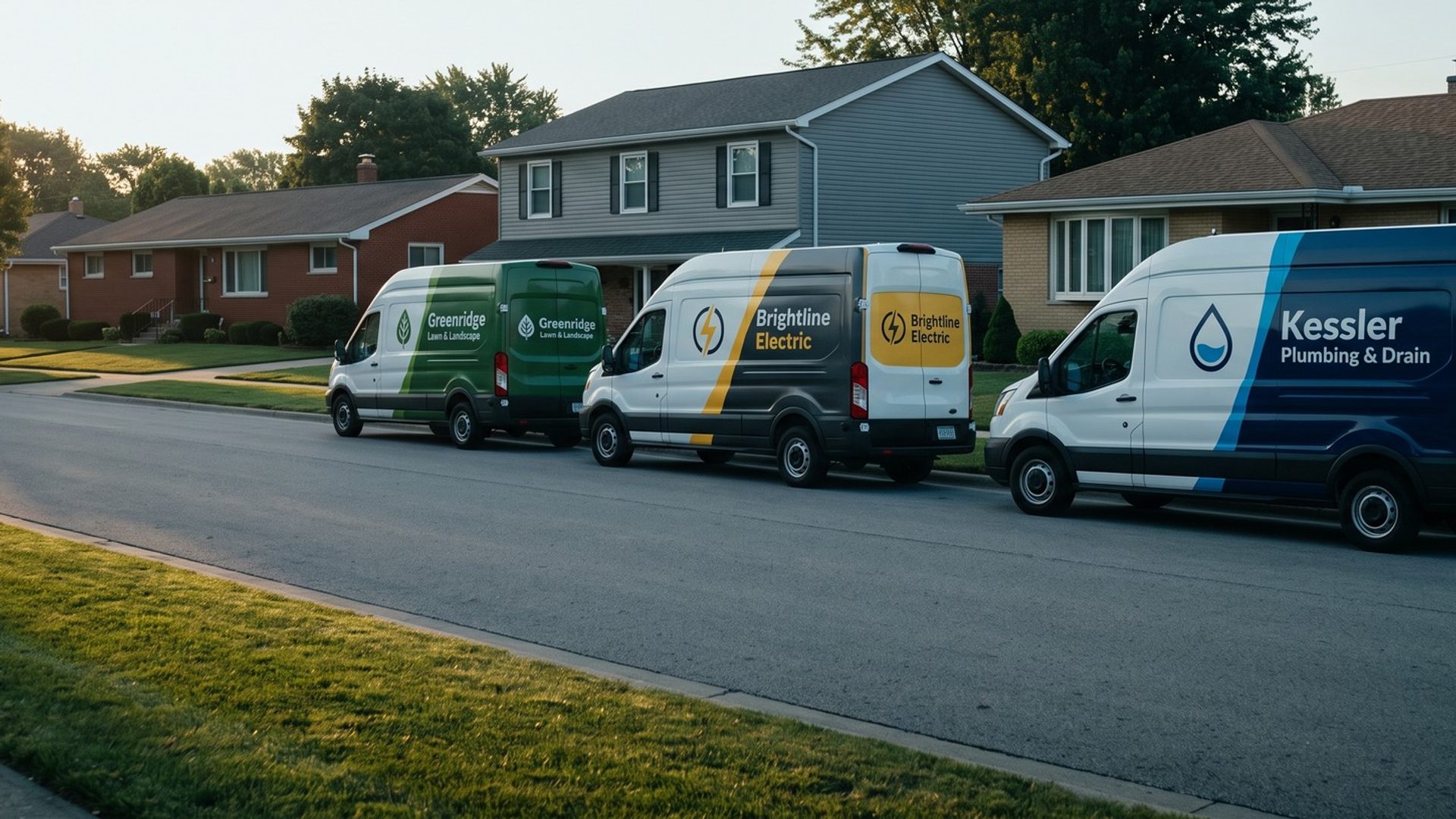 Three branded service vans, a plumber's, an electrician's and a landscaper's, parked along the curb in front of three neighboring houses on a suburban street