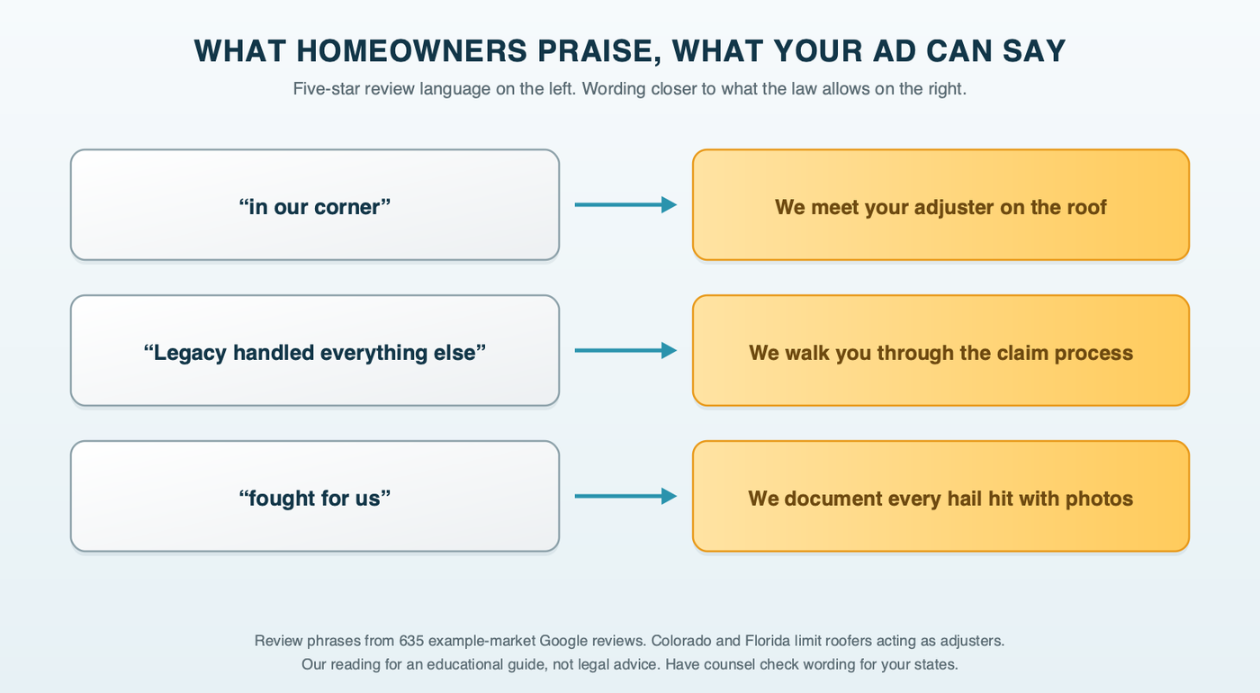 What homeowners praise in roofing reviews next to what a roofer can say in an ad: in our corner becomes we meet your adjuster on the roof; Legacy handled everything else becomes we walk you through the claim process; fought for us becomes we document every hail hit with photos; labeled as our reading, not legal advice