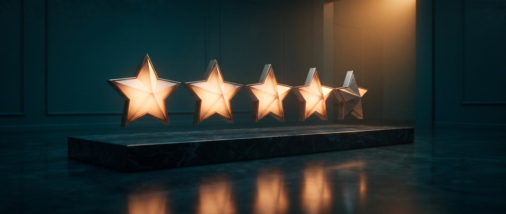 Five glowing amber stars on a dark pedestal, representing the customer reviews that earn a store's trust.