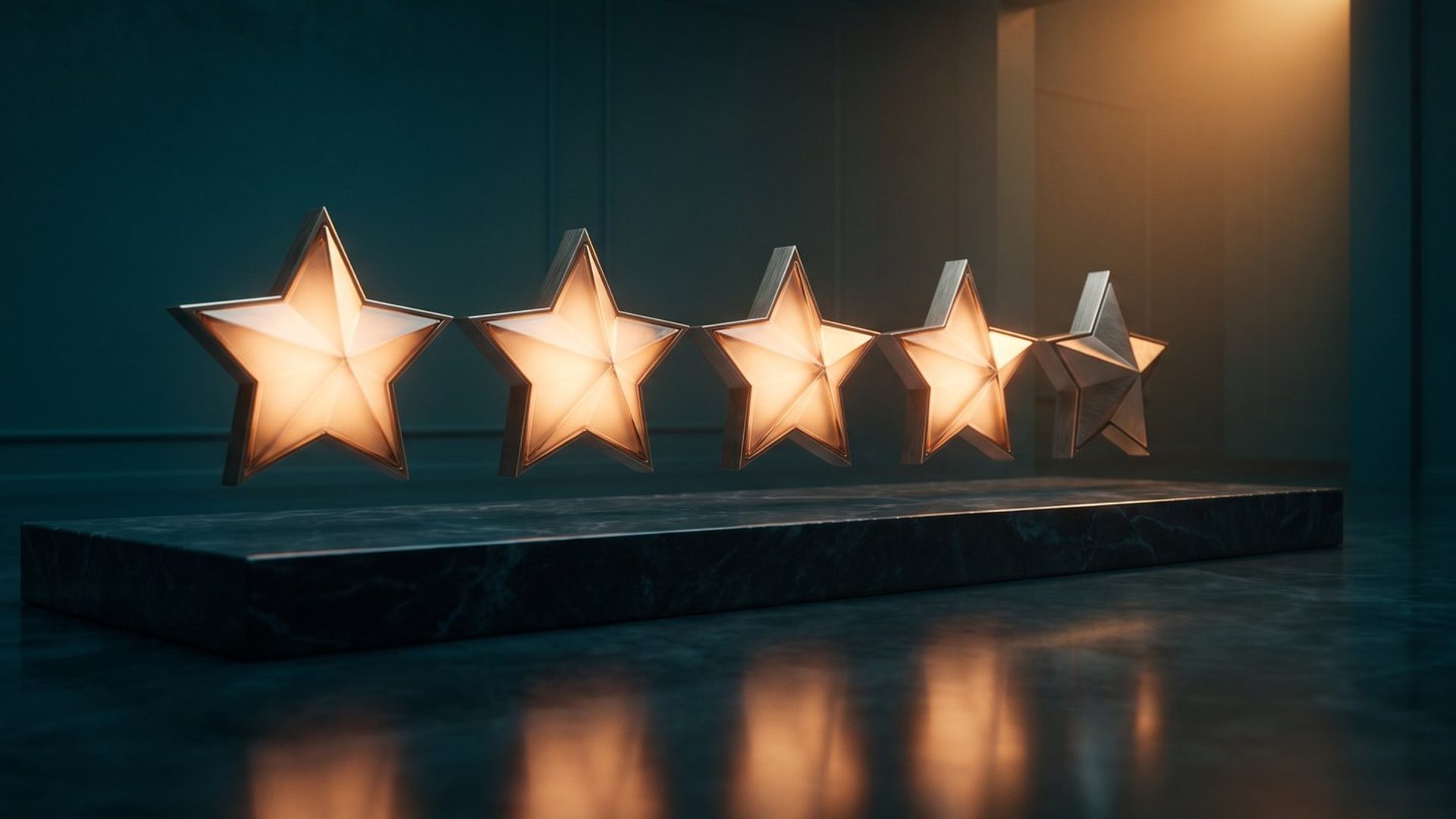 Five glowing amber stars on a dark pedestal, representing the customer reviews that earn a store's trust.