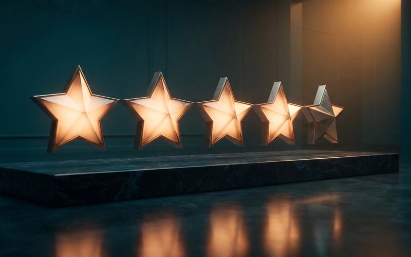 Five glowing amber stars on a dark pedestal, representing the customer reviews that earn a store's trust.