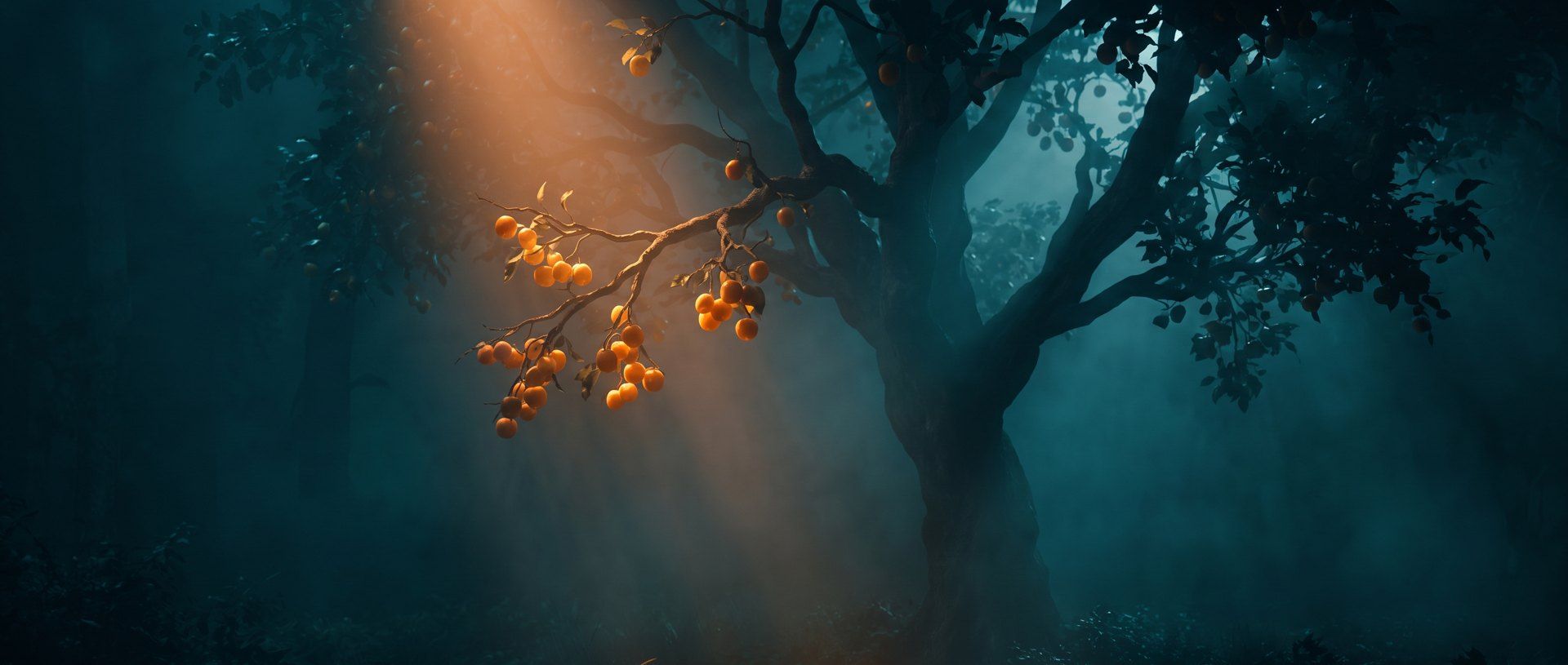 A single ripe branch lit by warm light against deep teal shadow - start where the demand is already ripe