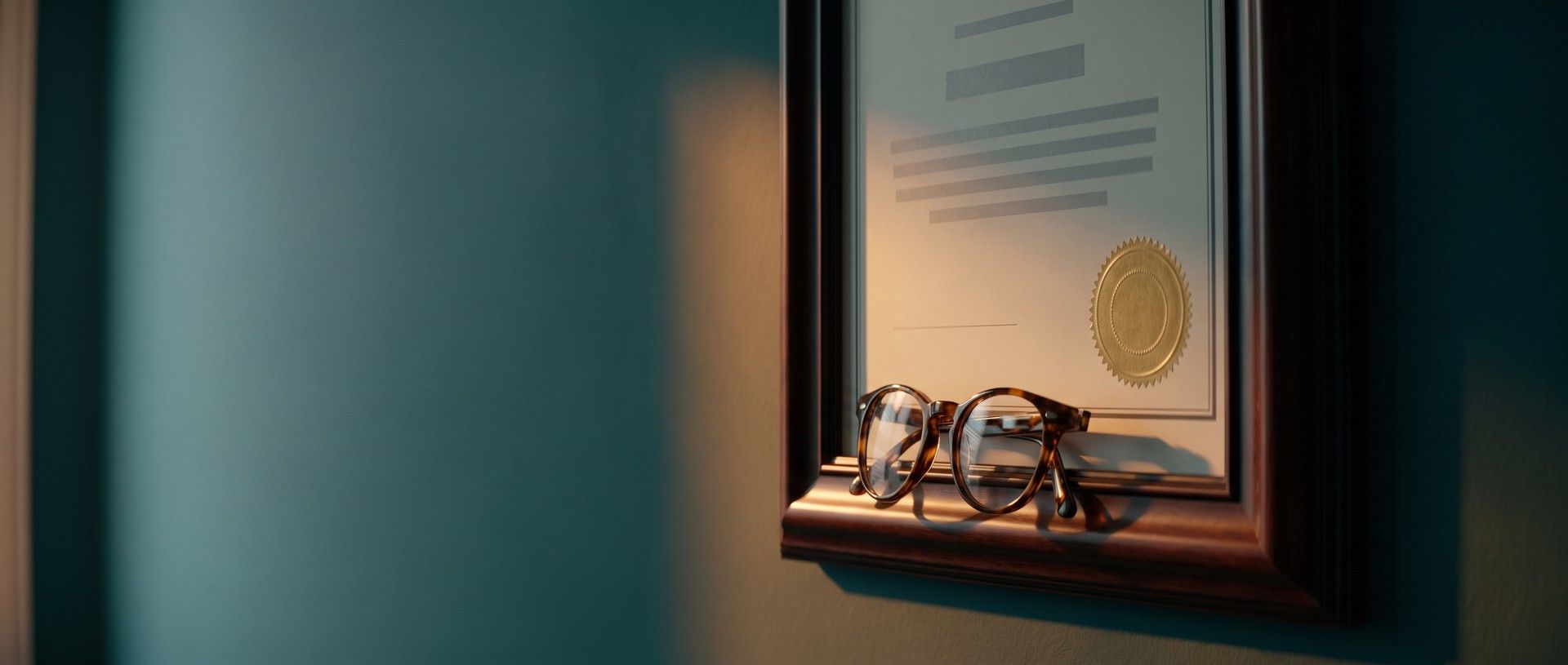 A framed professional certificate with a gold seal hangs on a teal exam room wall, a pair of tortoiseshell glasses resting on the frame's ledge in warm light