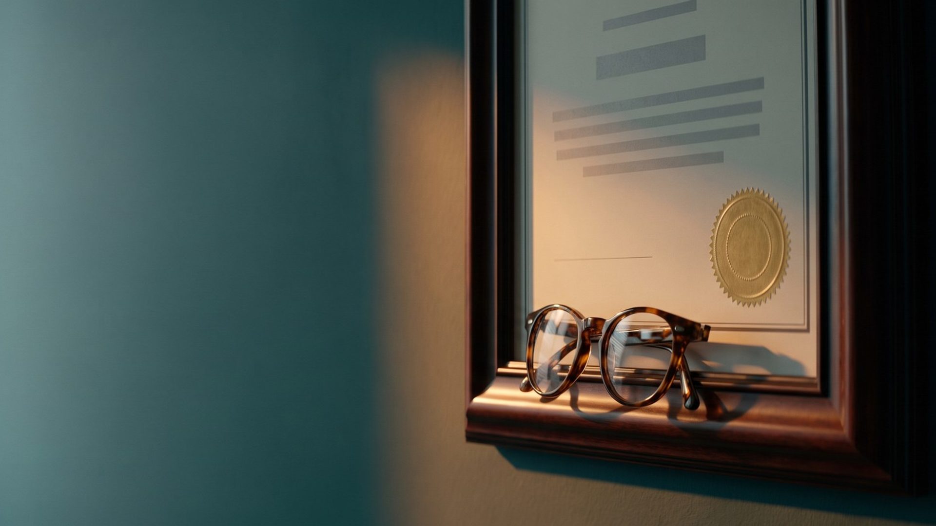 A framed professional certificate with a gold seal hangs on a teal exam room wall, a pair of tortoiseshell glasses resting on the frame's ledge in warm light