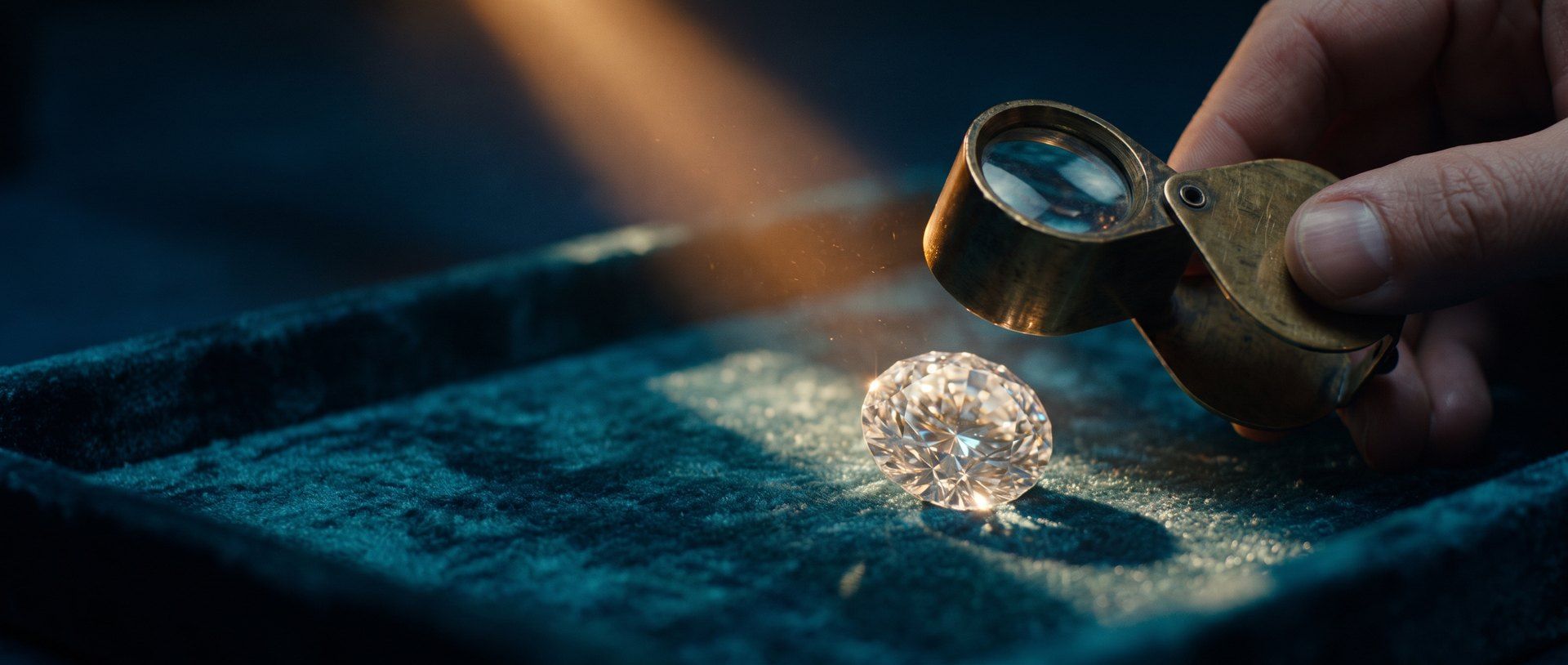 A jewellers loupe held over a single cut gemstone on a dark velvet tray