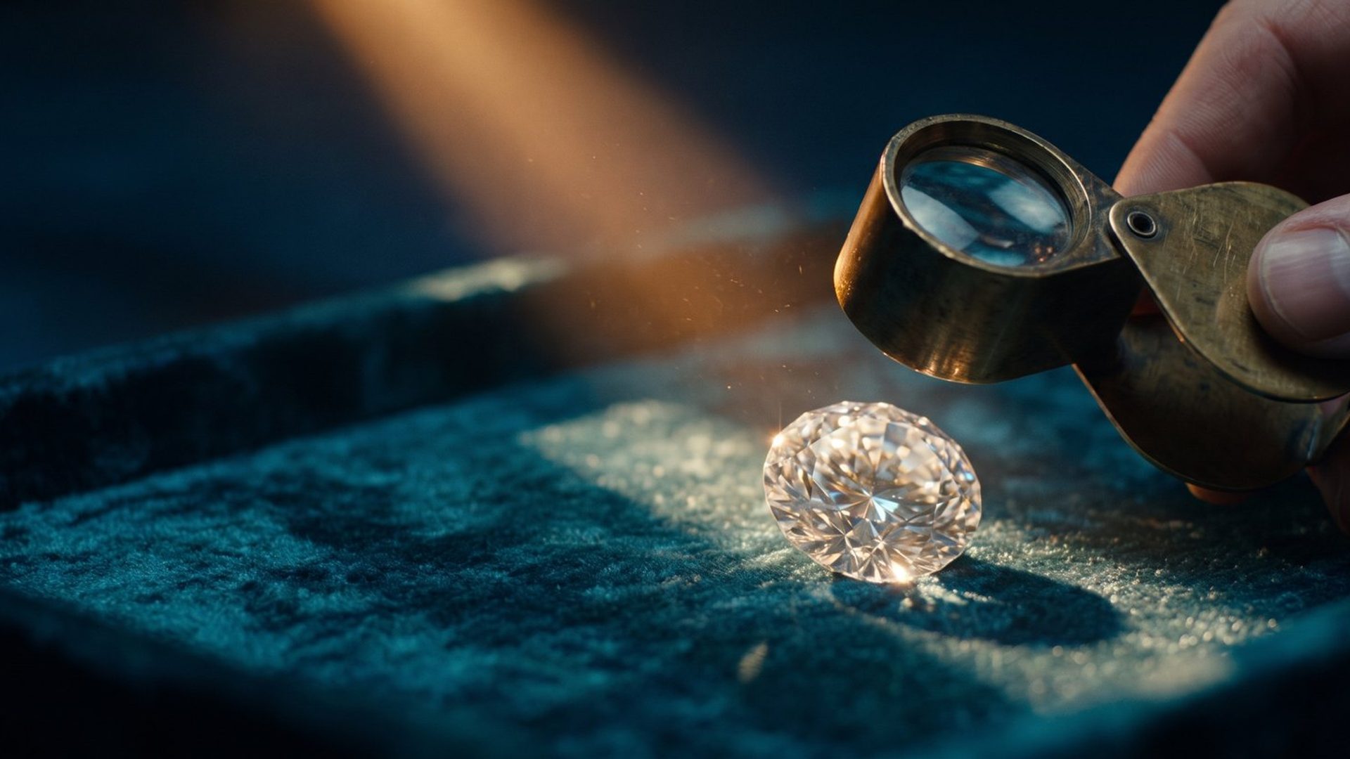 A jewellers loupe held over a single cut gemstone on a dark velvet tray