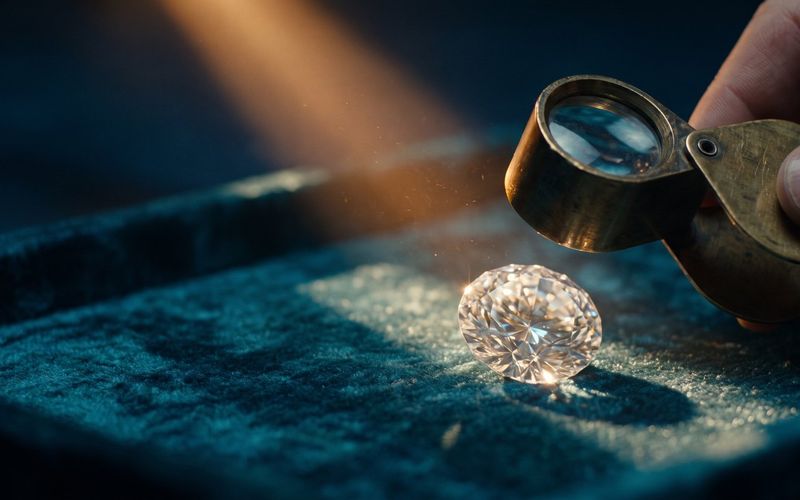 A jewellers loupe held over a single cut gemstone on a dark velvet tray