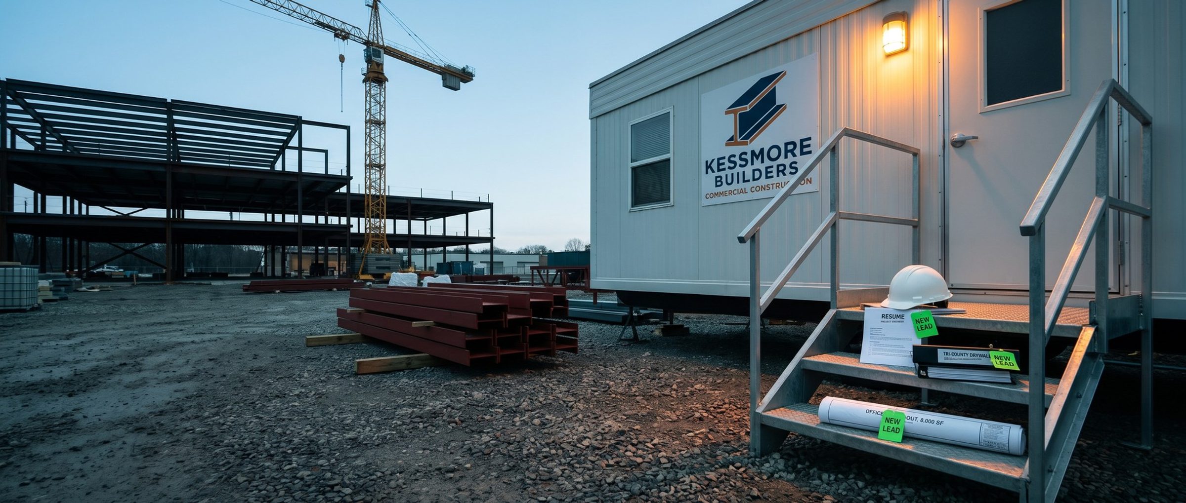 The steps of a Kessmore Builders jobsite office trailer at a commercial construction site, where a hard hat on a project engineer resume, a drywall subcontractor prequalification binder and rolled office build-out drawings each carry the same green New Lead tag