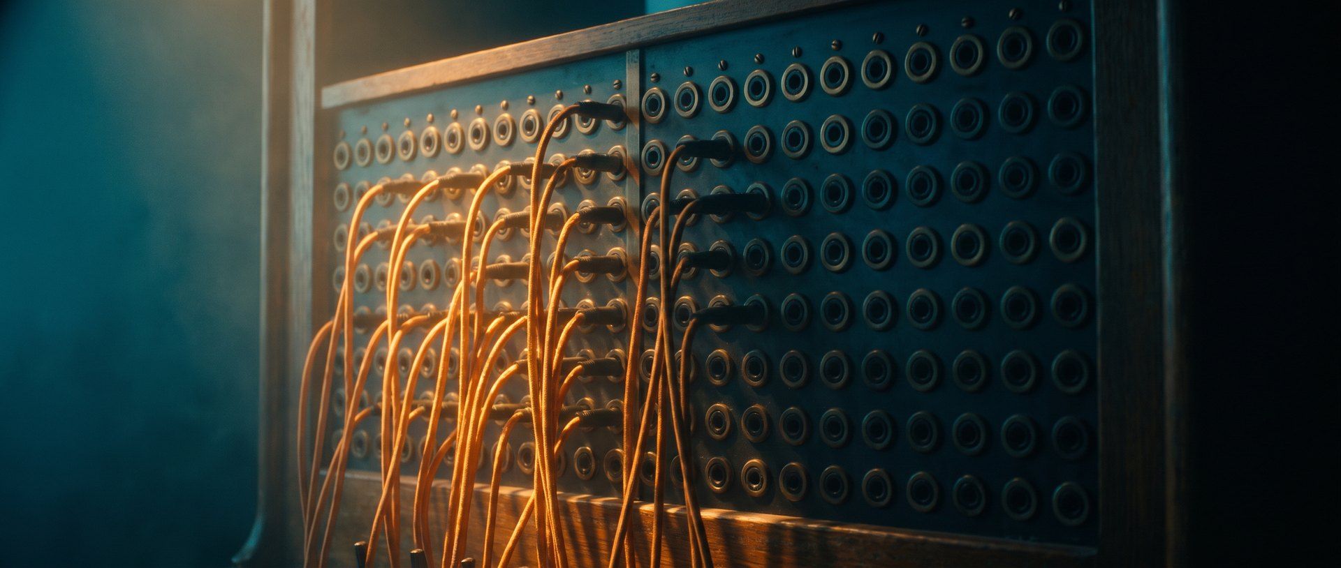 A telephone switchboard with amber patch cables filling the left half and the right half of the jack field standing completely empty