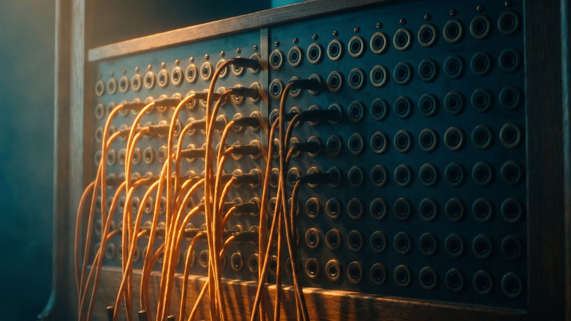 A telephone switchboard with amber patch cables filling the left half and the right half of the jack field standing completely empty