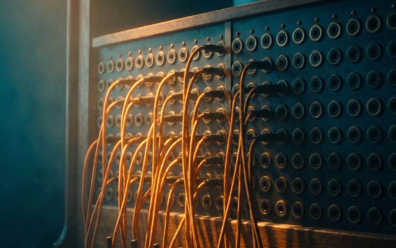 A telephone switchboard with amber patch cables filling the left half and the right half of the jack field standing completely empty