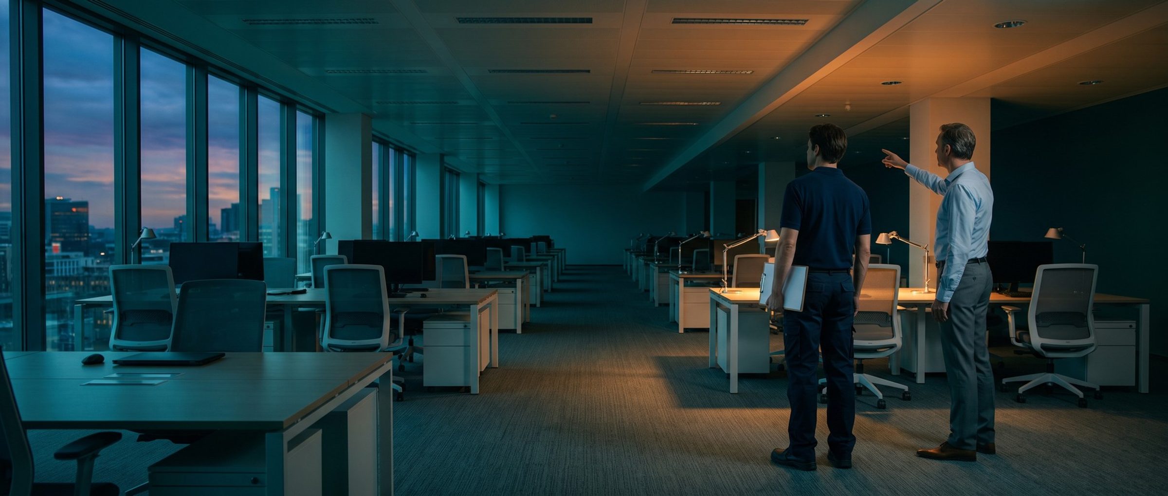 A cleaning company owner holding a clipboard walks an empty open-plan office after hours with the office manager, who points across the floor