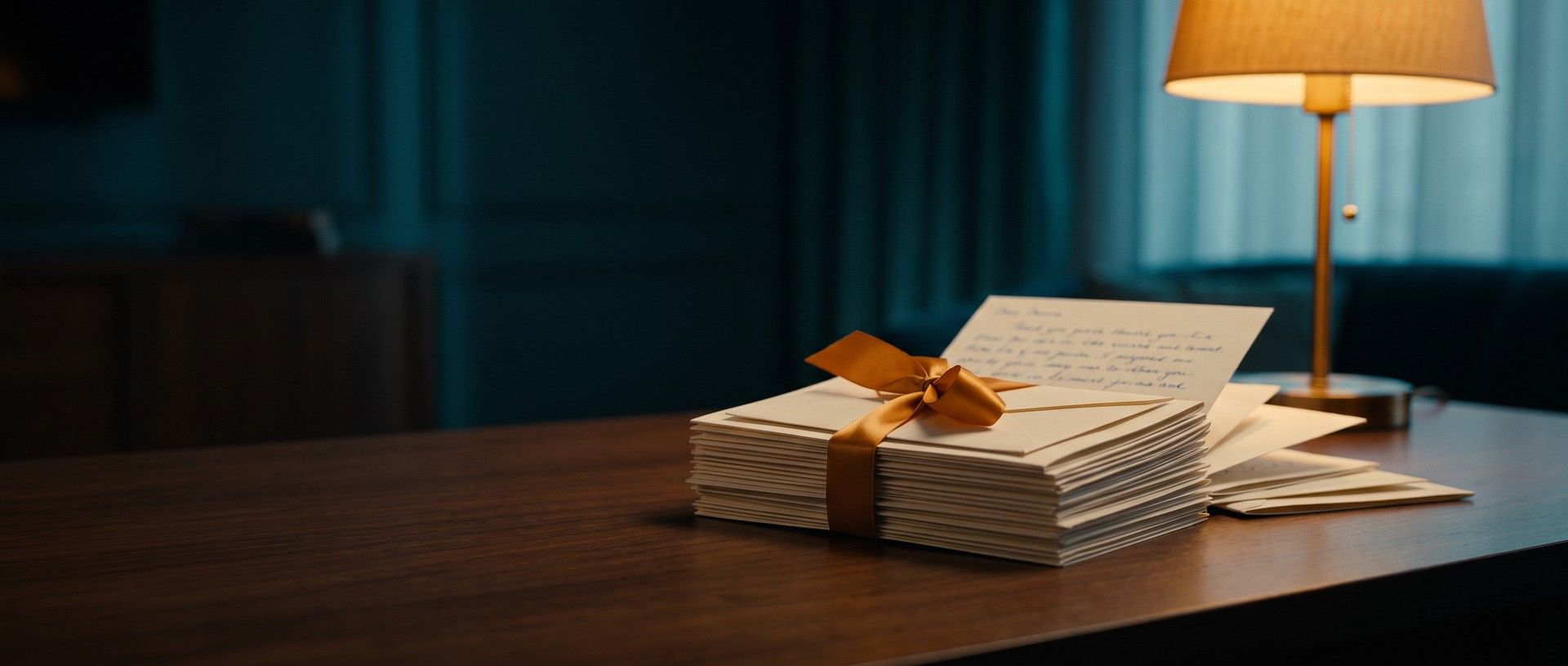A stack of handwritten thank-you cards tied with an amber ribbon on a dark wooden desk under a warm lamp