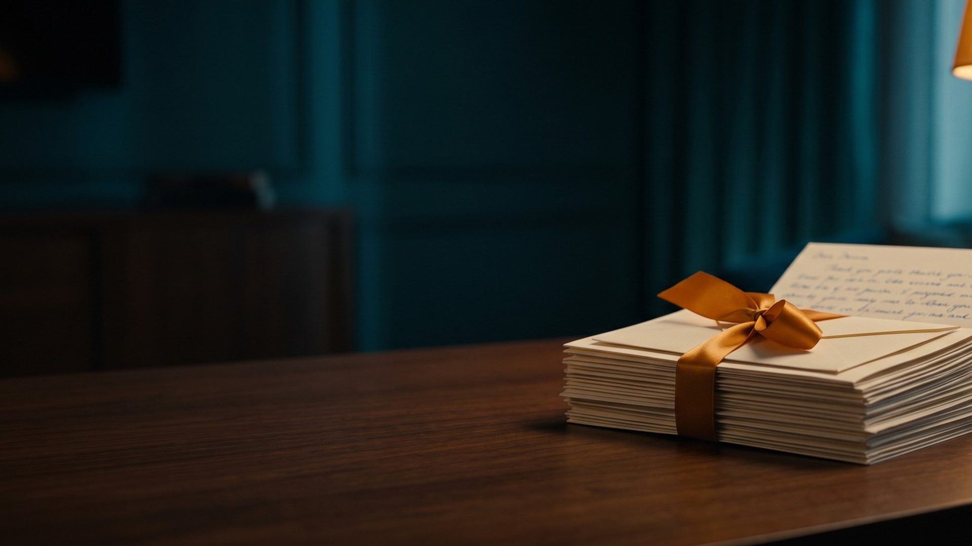 A stack of handwritten thank-you cards tied with an amber ribbon on a dark wooden desk under a warm lamp
