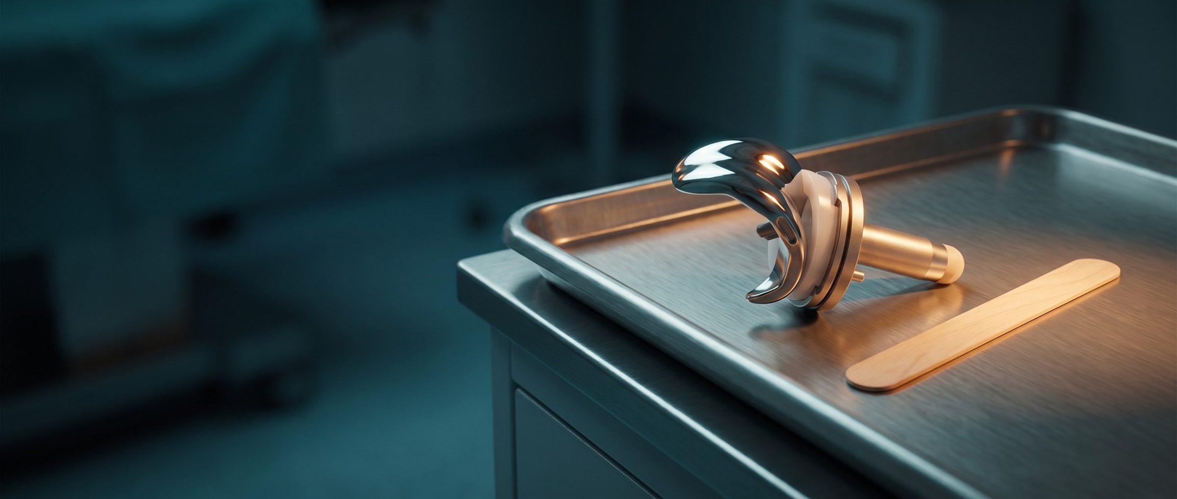 A steel instrument tray under warm light holding a polished knee replacement implant beside a single wooden tongue depressor, a dim clinic softly blurred behind