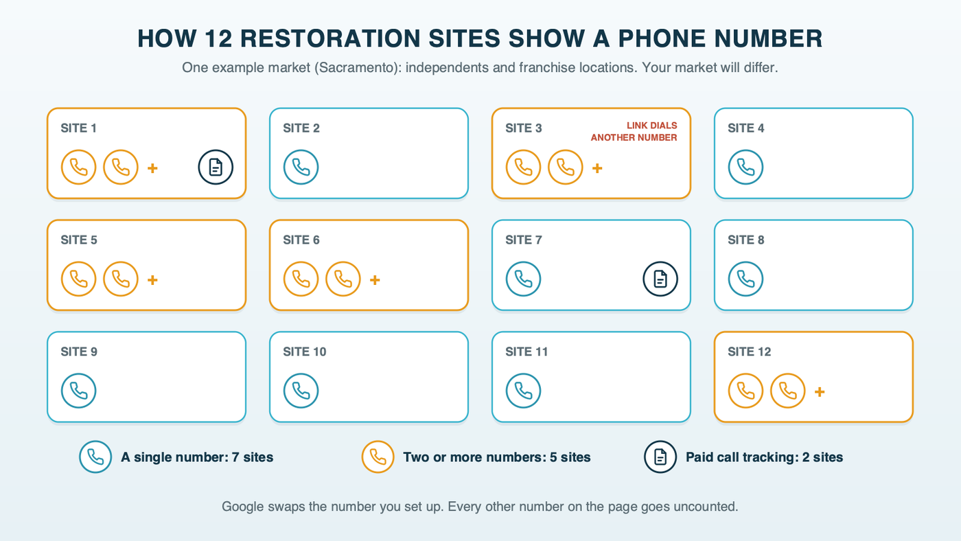 How 12 restoration company websites in one example market show their phone numbers: all 12 show at least one, 5 list more than one, one site's link dials a different number than it displays, and 2 load third-party call tracking
