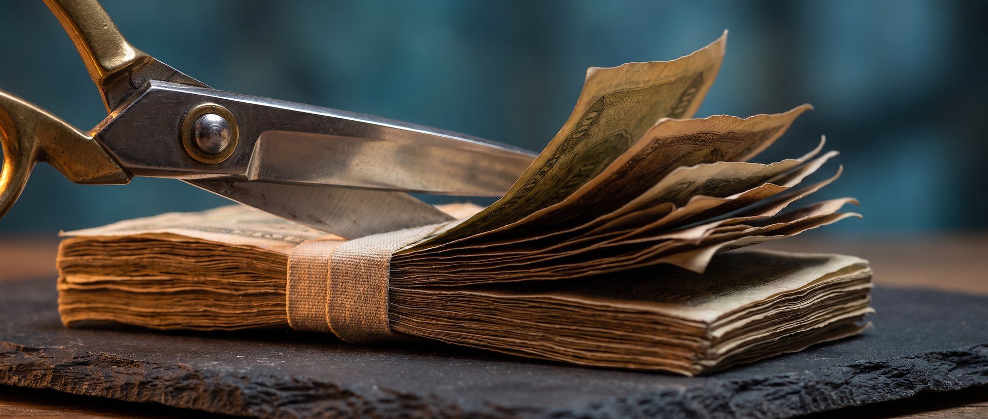 Heavy shears closing on a thick banded stack of banknotes on dark slate