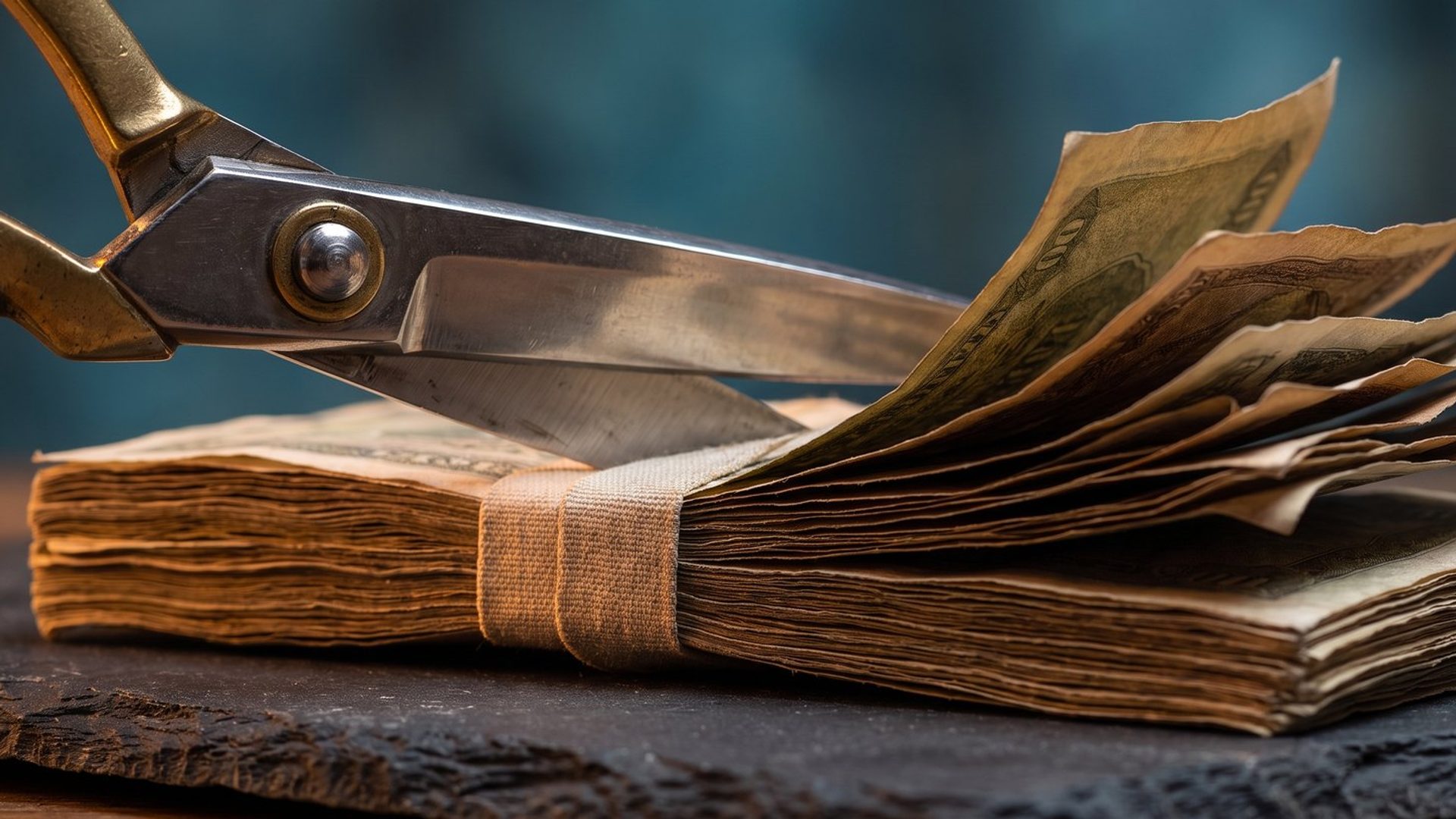 Heavy shears closing on a thick banded stack of banknotes on dark slate