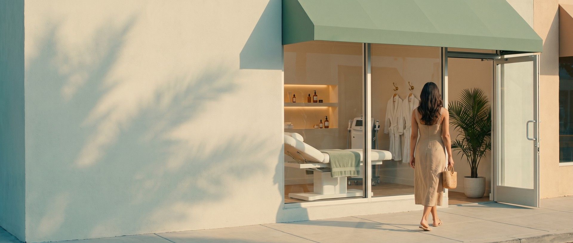 A woman in a linen dress walking into a sunny med spa storefront, a treatment bed, laser device, white robes and a skincare shelf visible through the window