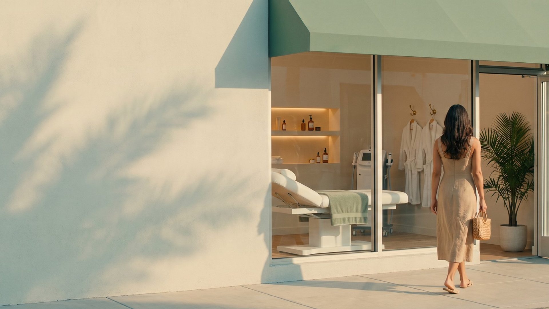 A woman in a linen dress walking into a sunny med spa storefront, a treatment bed, laser device, white robes and a skincare shelf visible through the window