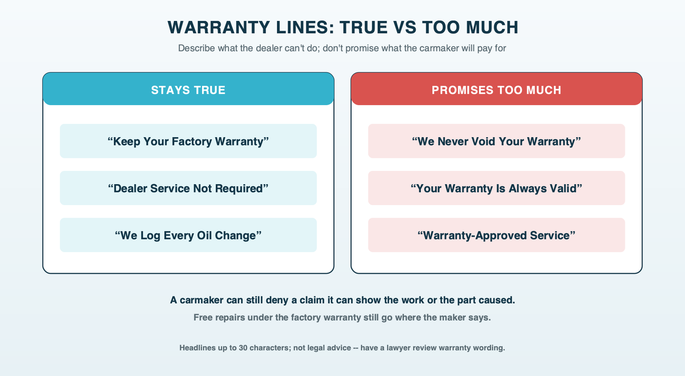 Warranty wording side by side: lines that stay true, like Keep Your Factory Warranty and Dealer Service Not Required, next to lines that promise too much, like We Never Void Your Warranty and Your Warranty Is Always Valid With Us, with the reason a carmaker can still deny a claim it proves the repair caused