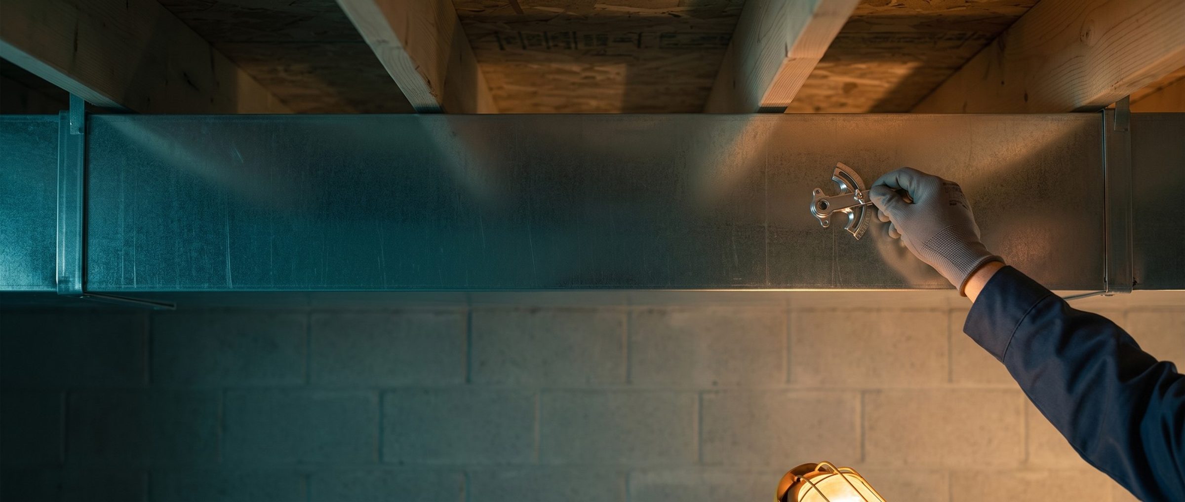 A technician's gloved hand turns the small lever of a balancing damper on a galvanized duct under the floor joists of a basement, lit by a caged work light