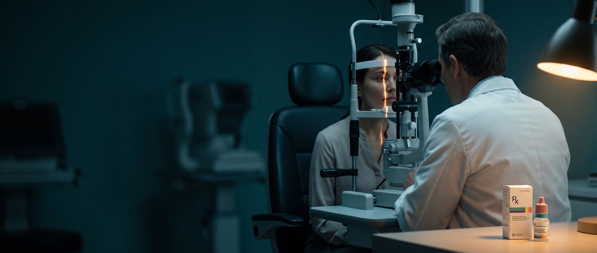 An optometrist examines a patient's eye at a slit lamp in a dark exam room, with a prescription eye drop carton and bottle on the counter in warm lamplight