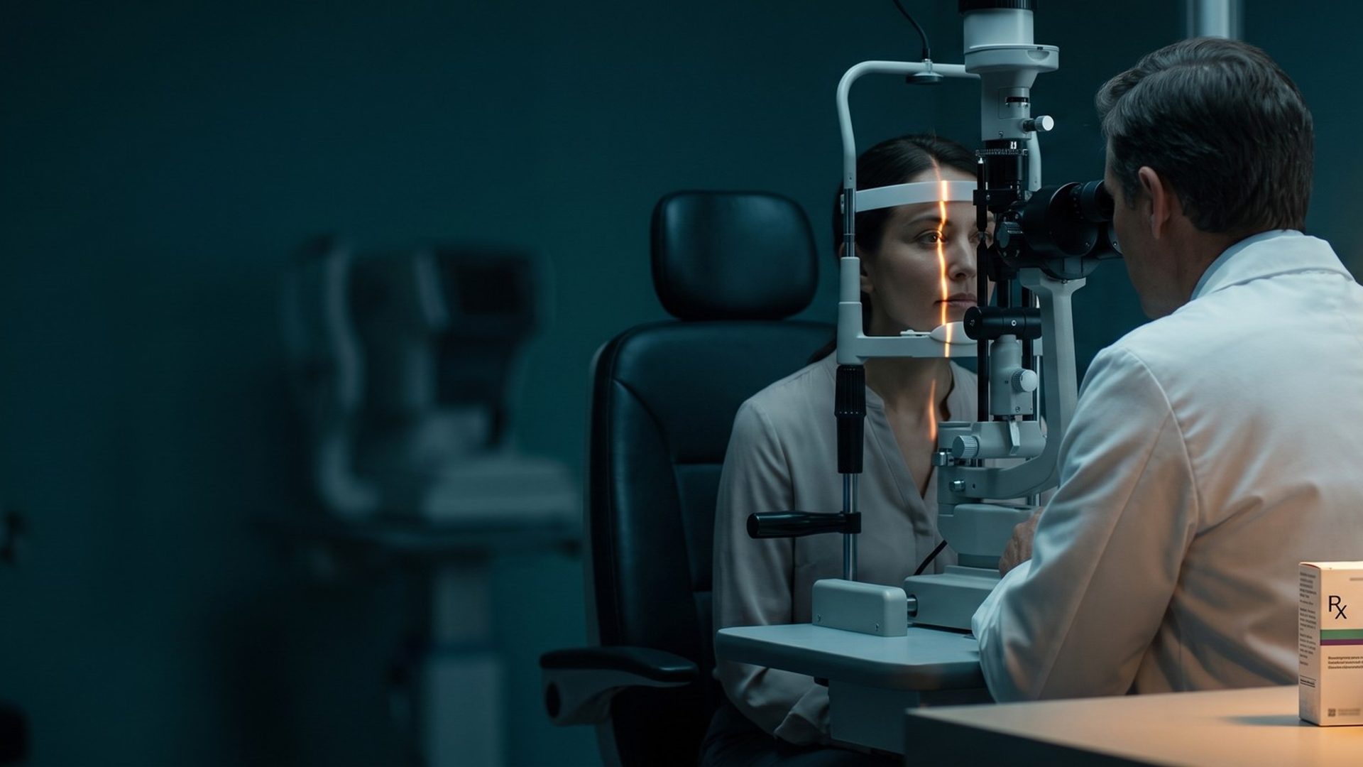An optometrist examines a patient's eye at a slit lamp in a dark exam room, with a prescription eye drop carton and bottle on the counter in warm lamplight