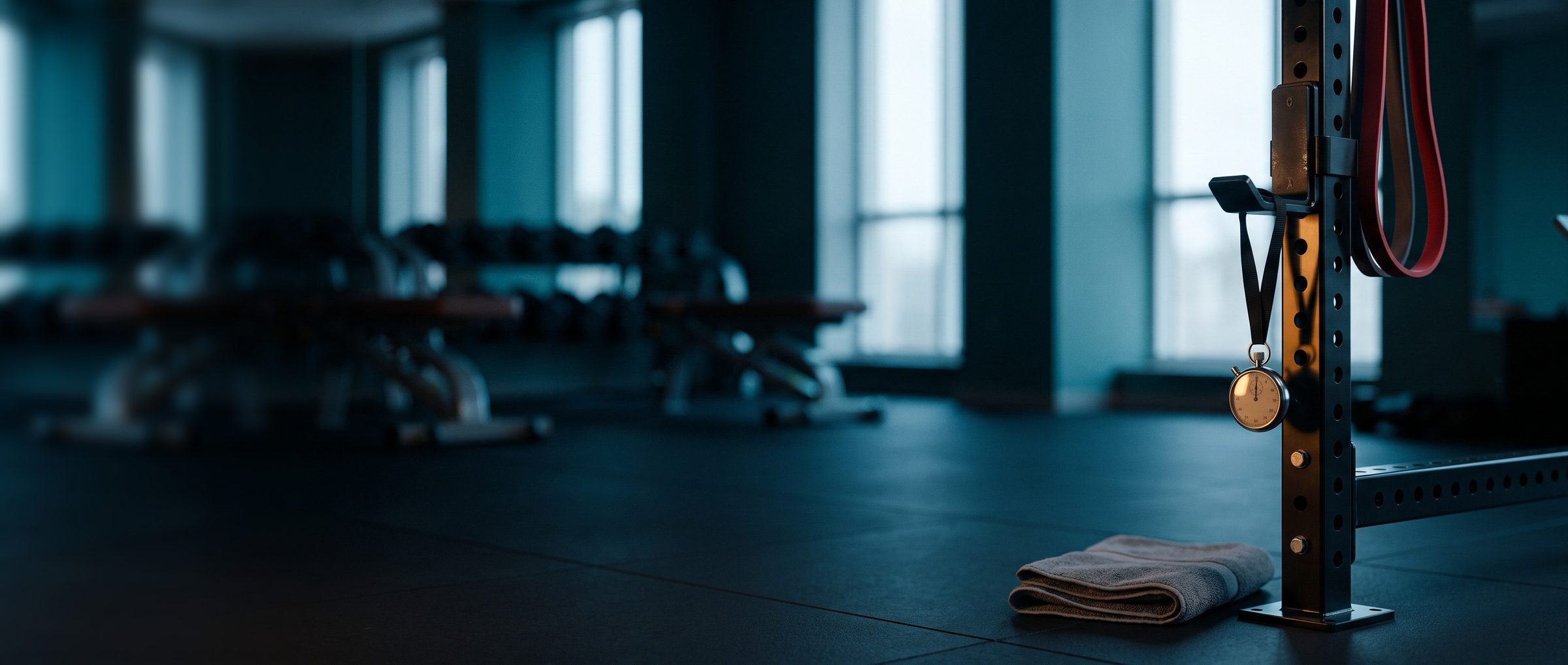 A coach's silver stopwatch hanging by its lanyard from a black squat rack upright in a dim, empty gym, a red resistance band looped over the rack and a folded gray towel on the rubber floor below